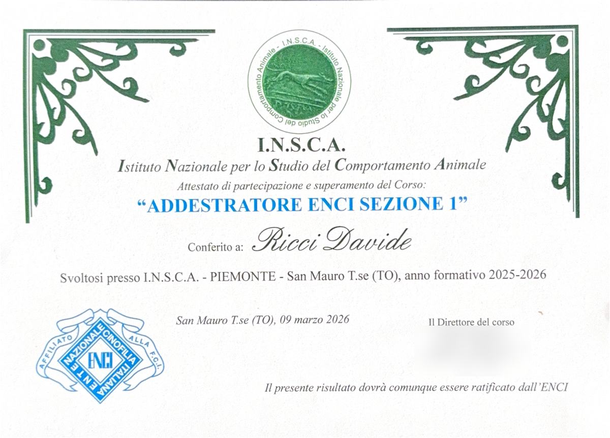 Attestato I.N.S.C.A. di partecipazione e superamento del corso Addestratore ENCI Sezione 1, conferito a Davide Ricci, San Mauro Torinese, 9 marzo 2026