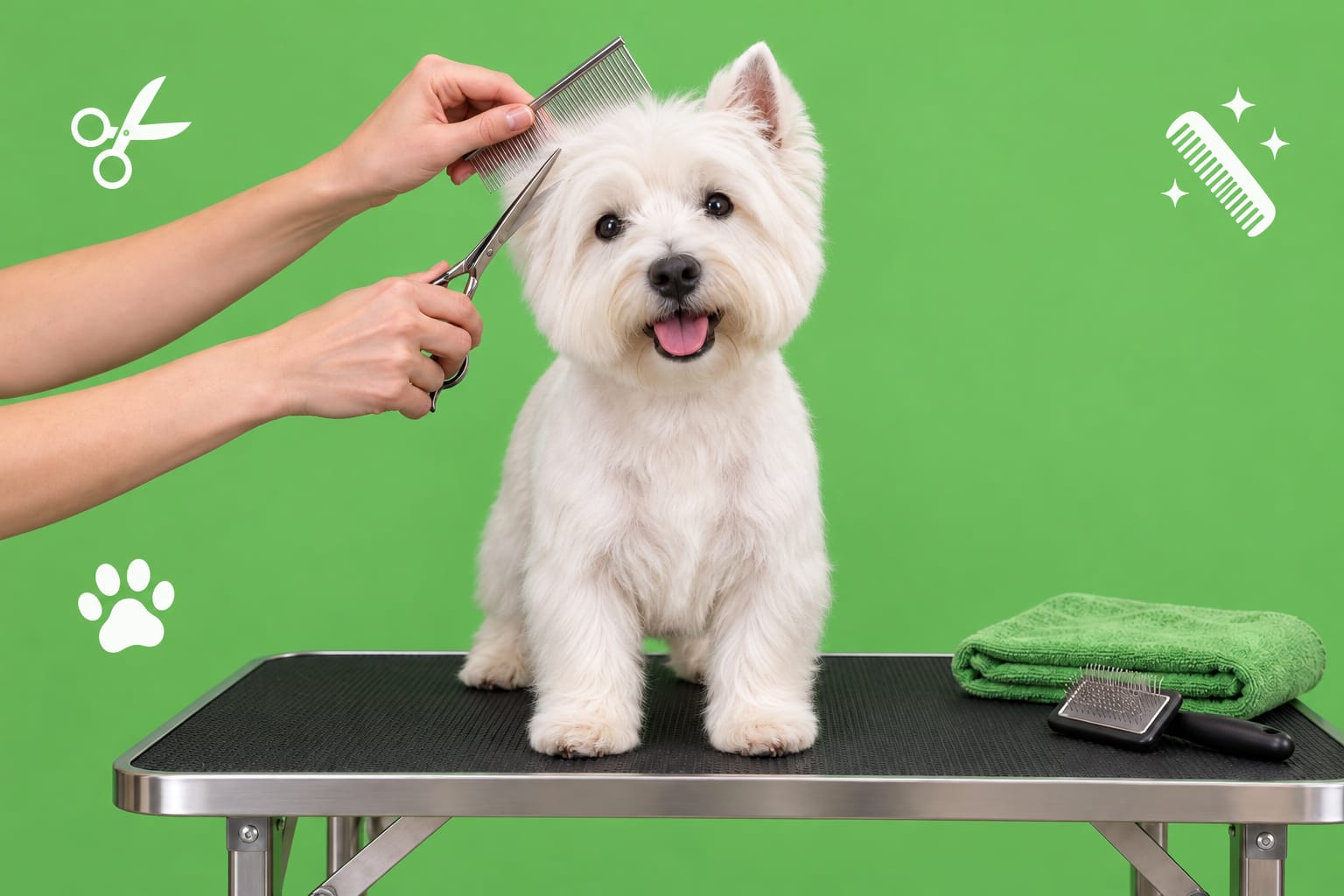 Un west highland white terrier sul tavolo da toelettatura mentre la toelettatrice gli rifinisce il pelo con forbici e pettine